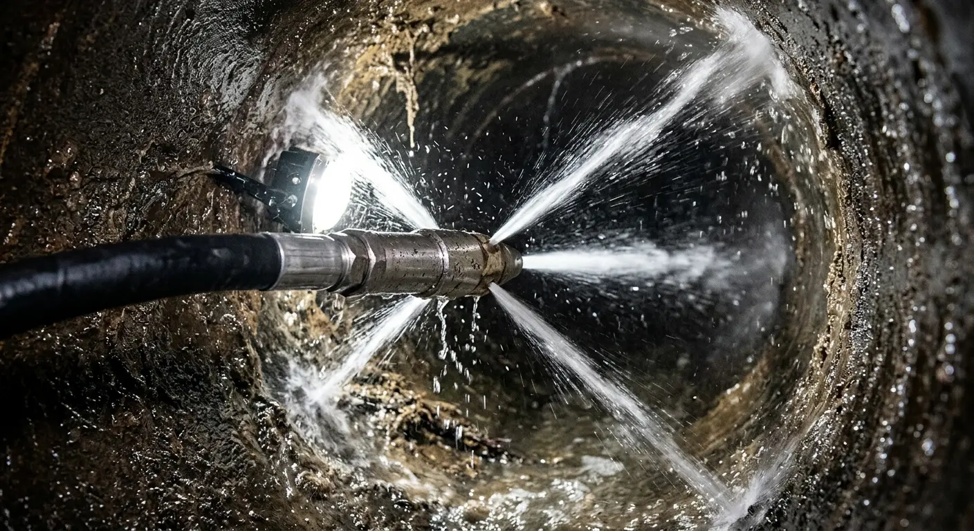 High-pressure hydro jetting nozzle cleaning sewer pipe for Emergency Drain Service in Fernandina Beach