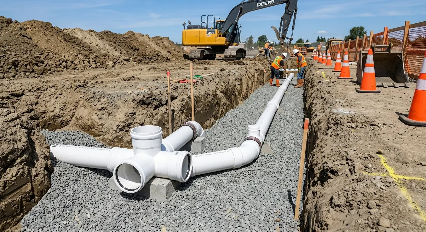 New PVC sewer pipe installation in open trench for Grease Trap Cleaning in Fernandina Beach